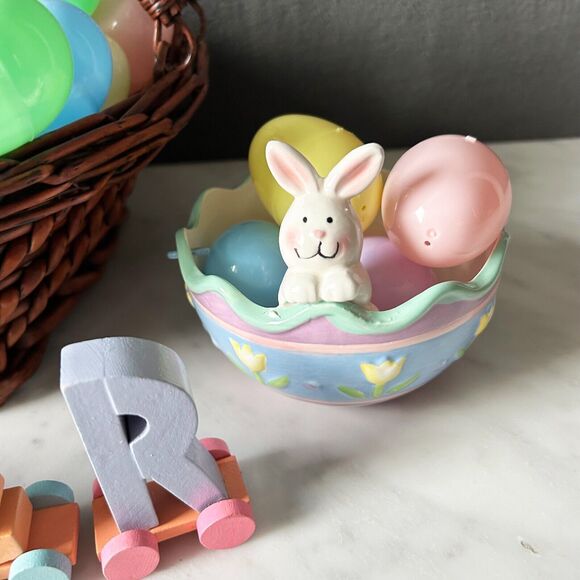 Easter Table Decor Wicker Basket - Plastic Eggs - Bunny Dishes - Wooden Letters - Picture 4 of 15